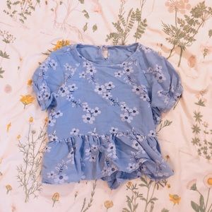 Cute Blue Flower Embroidered Top
